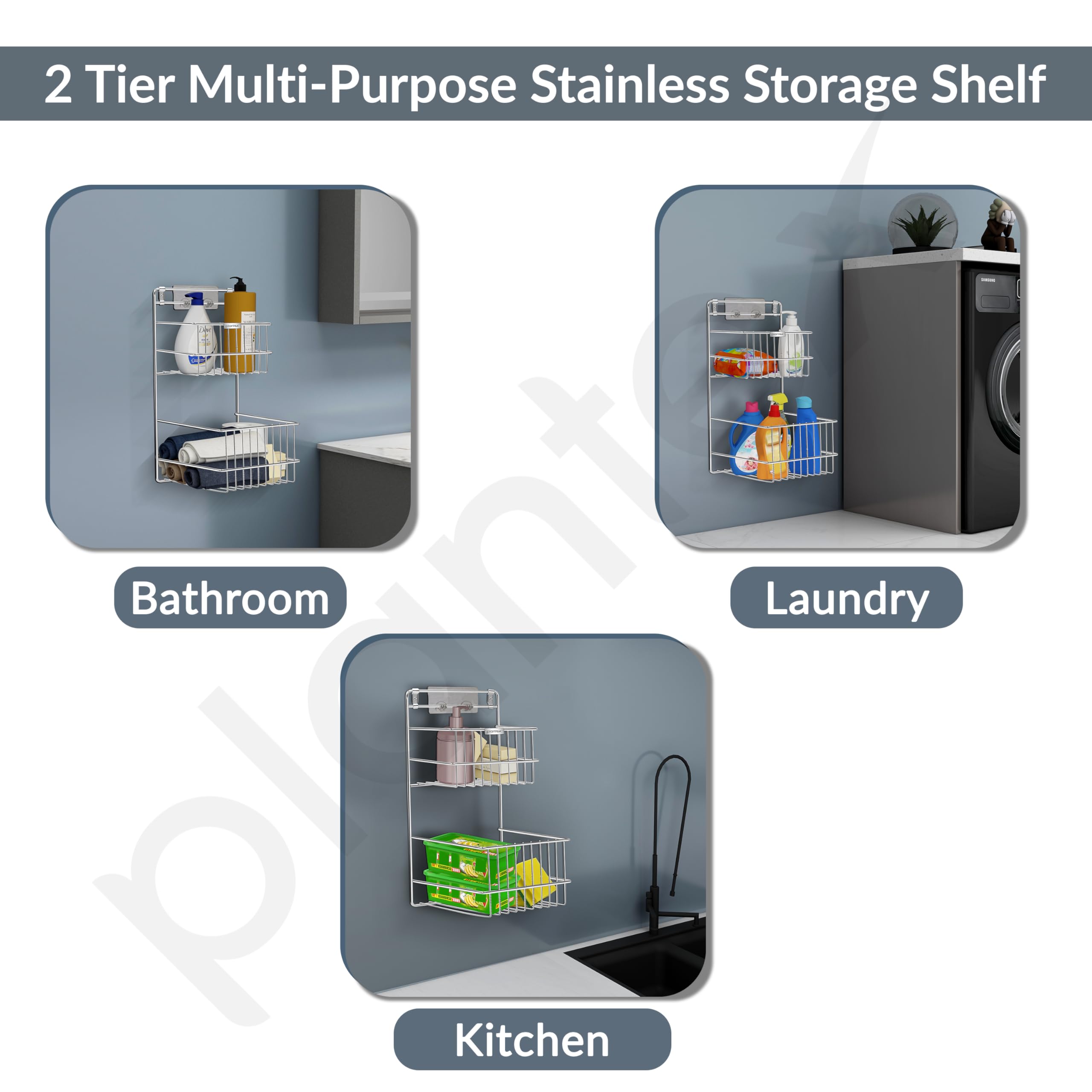 Plantex Self-Adhesive Multipurpose Storage Shelf - Stainless Steel Bathroom Organizer for Detergents, Under Sink Storage, Kitchen & Bathroom Use (Chrome Finish) - Perfect for Small Spaces & Clutter-Free Homes