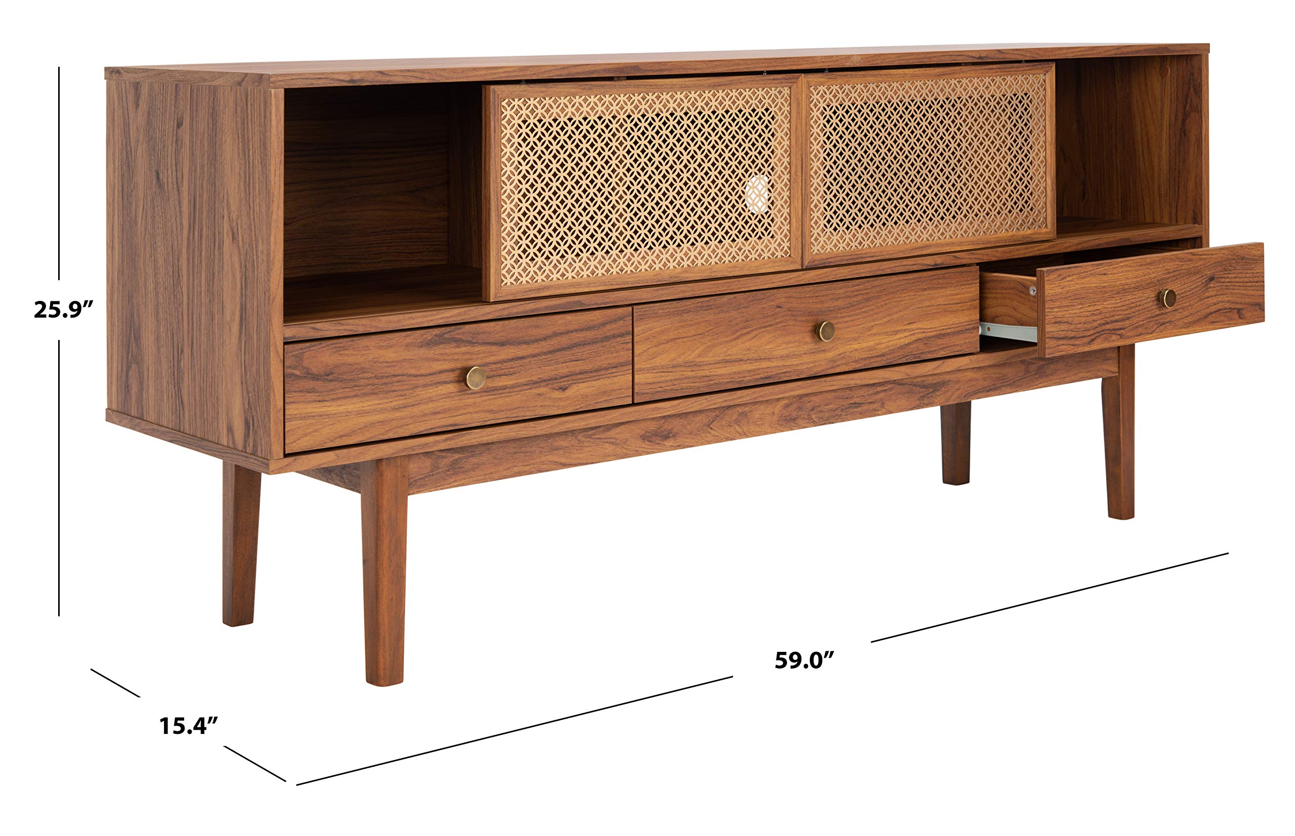 SAFAVIEH Home Collection Ceu Walnut and Gold 3-Drawer 1-Shelf TV Stand for Flat Screens up to 65 Inches - Modern Media Console for Living Room, Bedroom & Home Theater Storage