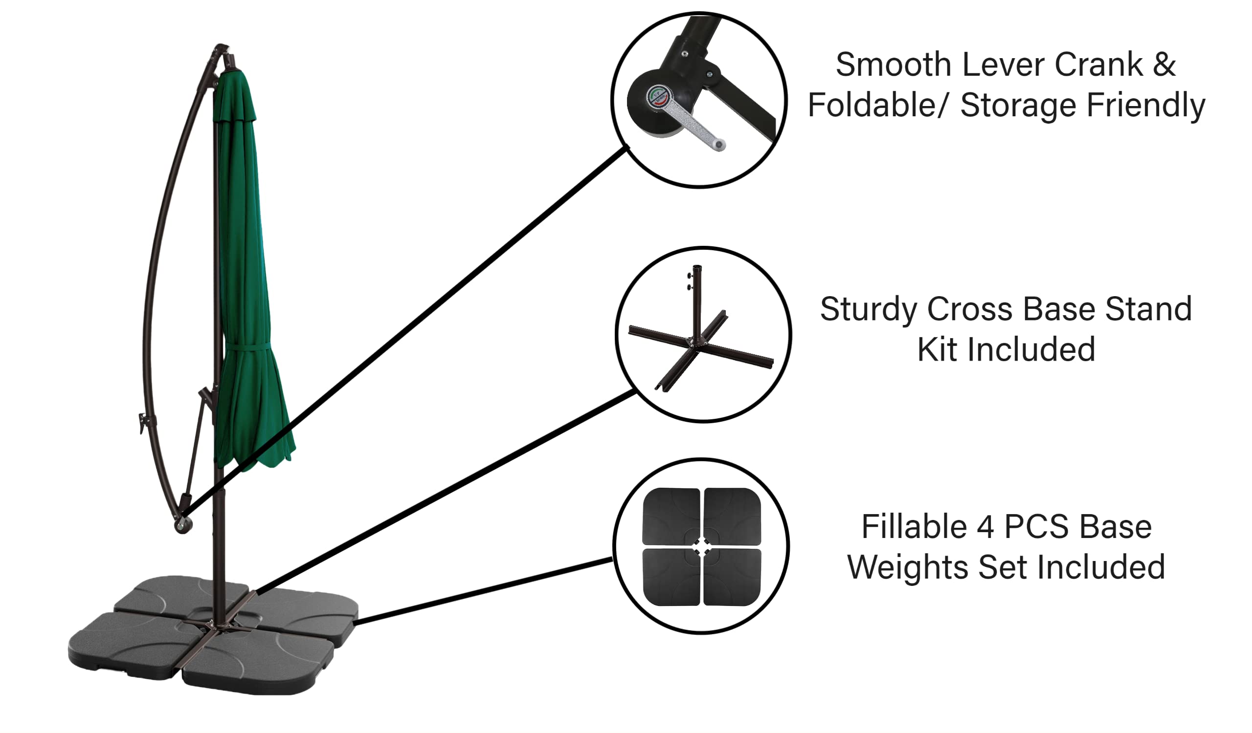 10ft Outdoor Patio Cantilever Umbrella with Stand & Weighted Base - 3-Piece Hanging Shade Kit for Garden, Poolside, and Backyard Relaxation