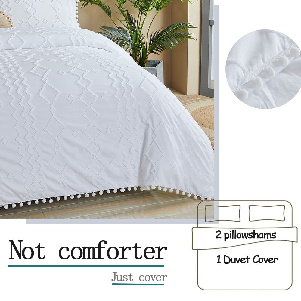 Boho Duvet Cover Queen Size - 3 Piece Cotton Farmhouse Bedding Set with White Pom Pom Trim | Reversible Soft Zipper Closure | Shabby Chic Home Decor for All Seasons | Perfect for Guest Rooms, Master Bedrooms & Cozy Boho Aesthetic