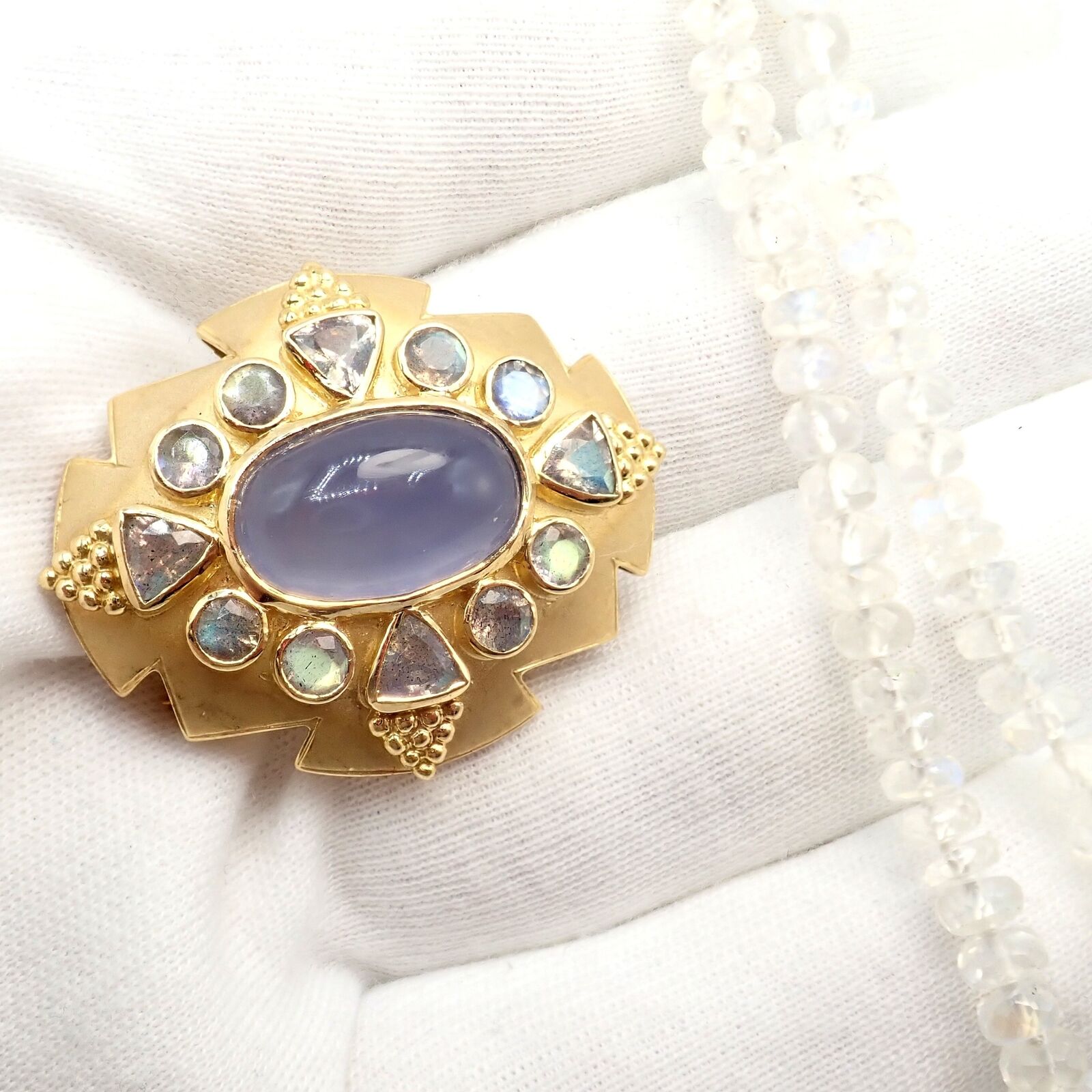 Paula Crevoshay 18k Gold Moonstone Chalcedony Jewelry Set - Brooch, Bracelet & Necklace OOAK for Special Occasions & Luxury Gifts