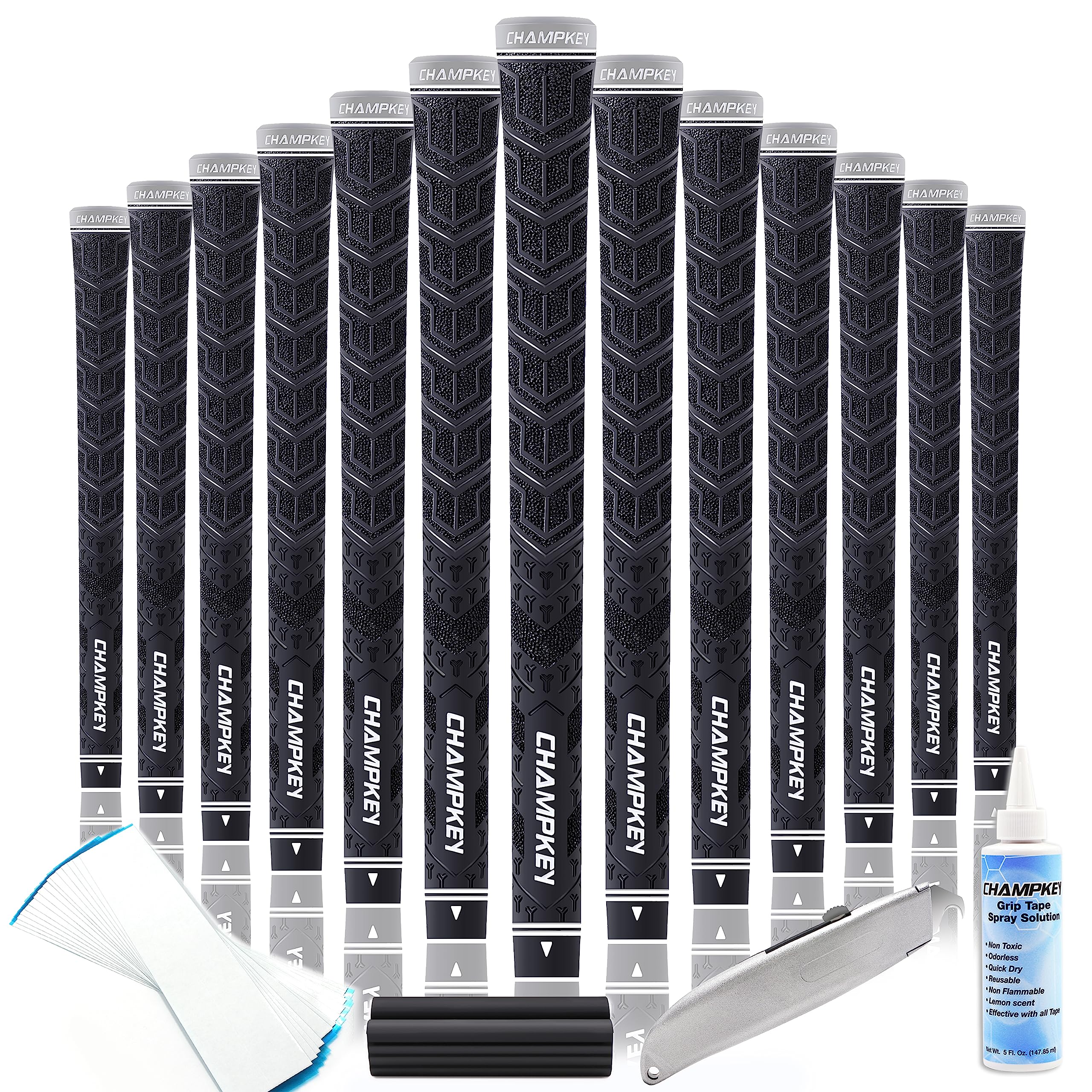CHAMPKEY Y-PRO Performance Rubber Golf Grips 13 Pack with All Repair Kits - All Weather Control Golf Club Grips for Excellent Traction & Swing Control - Perfect for Golfers in Rain or Hot Weather Conditions