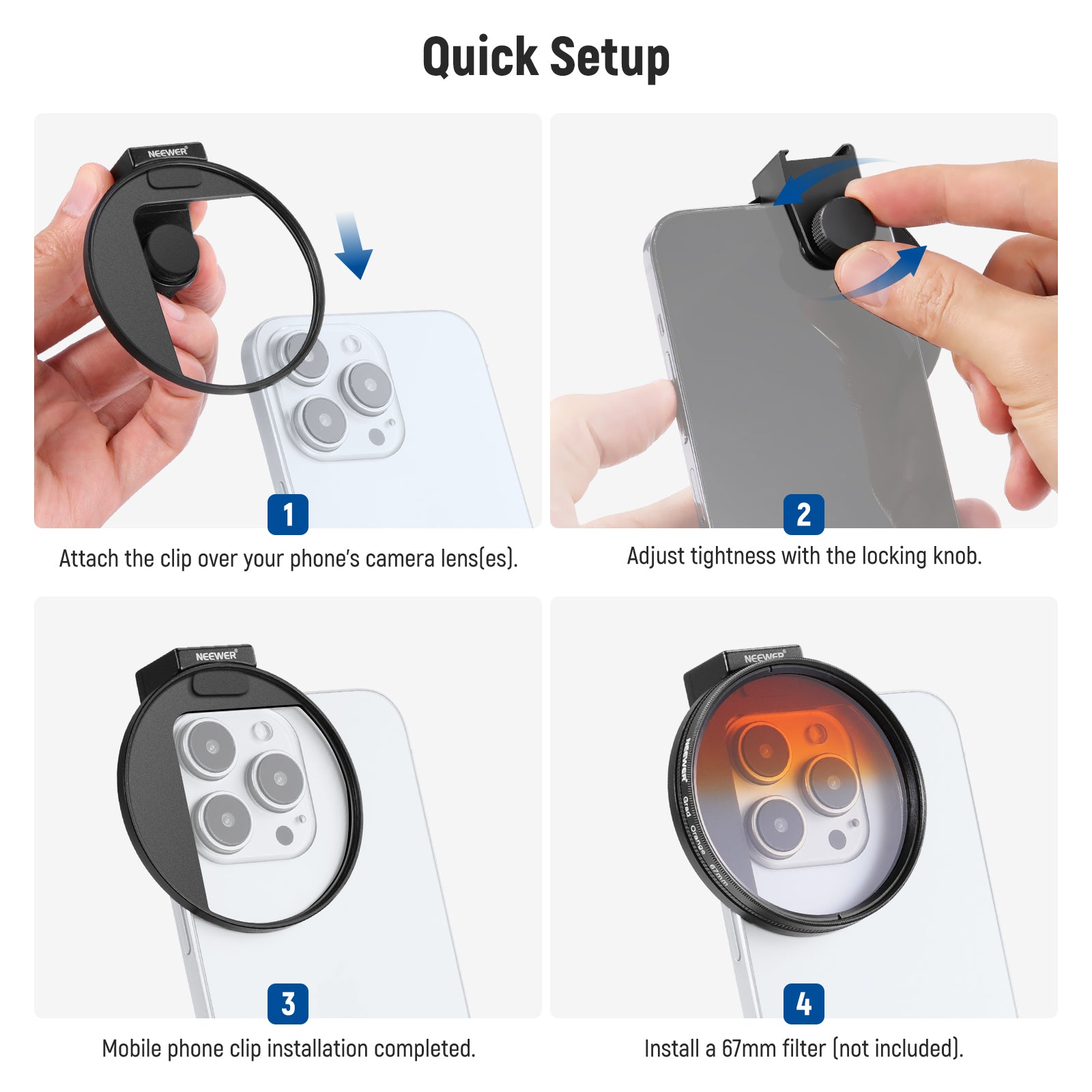 NEEWER LA006 Upgraded 67mm Universal Phone Lens Filter Mount - Compatible with iPhone, Samsung & Most Smartphones for Professional Photography & Videography