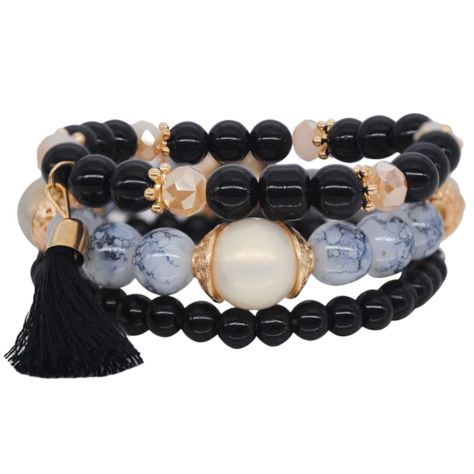 Crystal Pearl Bohemian Multi-Strand Bracelet Set for Women - Gold & Black Ocean Beaded Circle Bracelet with Matching Earrings, One Size | Perfect for Boho Fashion, Beach Parties & Casual Wear