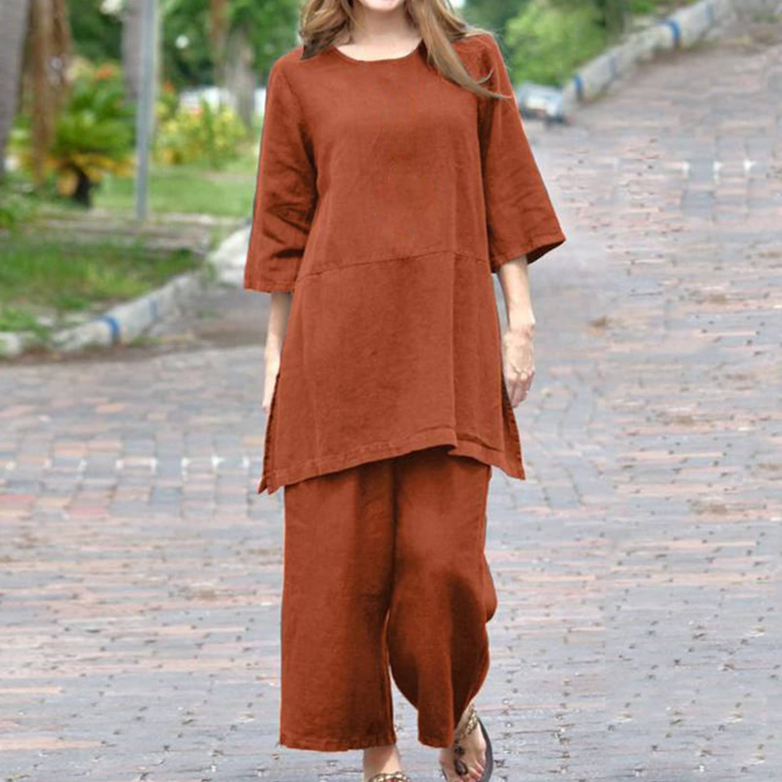 Oelaio Women's 2-Piece Pant Suit Set - Wide Leg Lounge & Travel Outfit | Casual Comfort Wear for Home, Office & Vacation | 100% Cotton