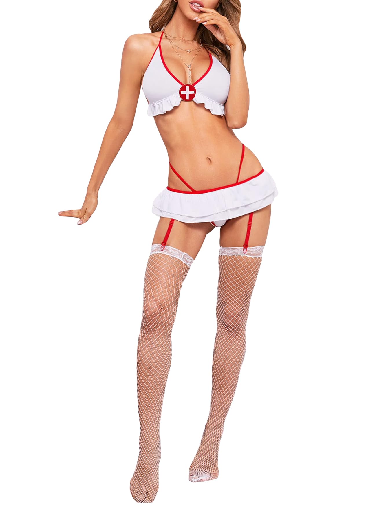WDIRARA Women's Sexy Nurse Costume - Halloween Cosplay Lingerie Set with Garter Belt & Stockings | Roleplay, Bachelorette Party, Valentine's Gift