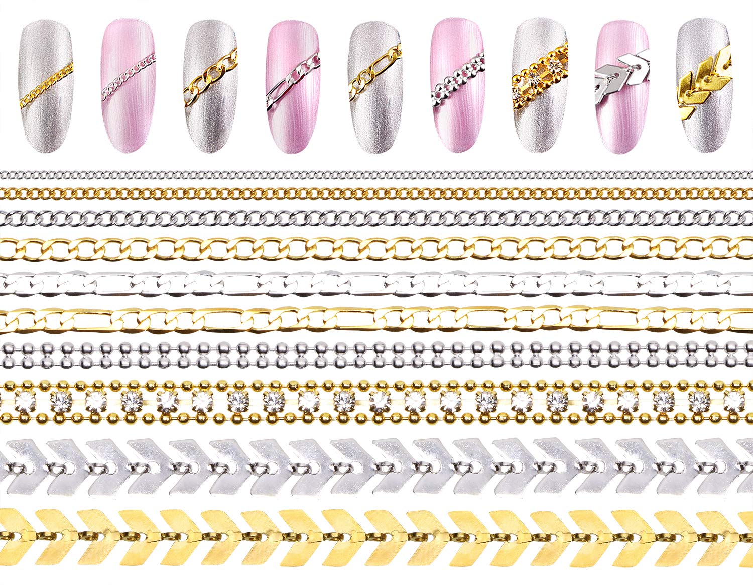 Tupalizy 10 Strips Metallic 3D Nail Chains - Gold & Silver Nail Art Beads, Rhinestones, Charms for DIY Nail Decoration | Perfect for Nail Salon, Party, Wedding, and Festival Nail Designs