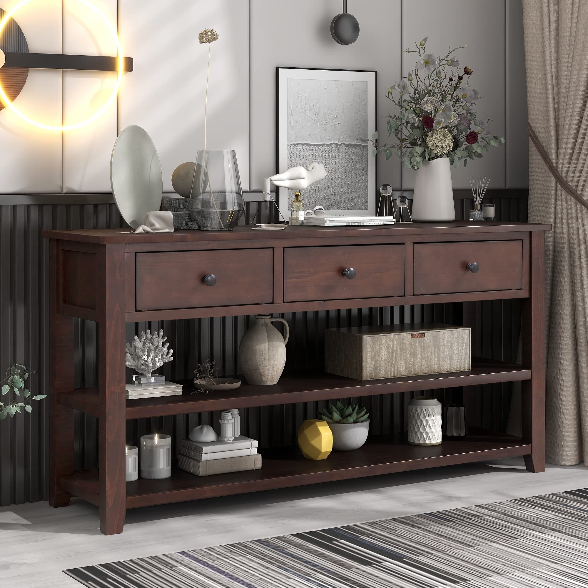 Vintage Pine Wood Console Table with 3 Drawers & 2 Open Shelves - Retro Entryway Sofa Table for Living Room, Hallway, or Foyer (Espresso Finish) - Perfect for Home Decor, Small Space Storage & Display