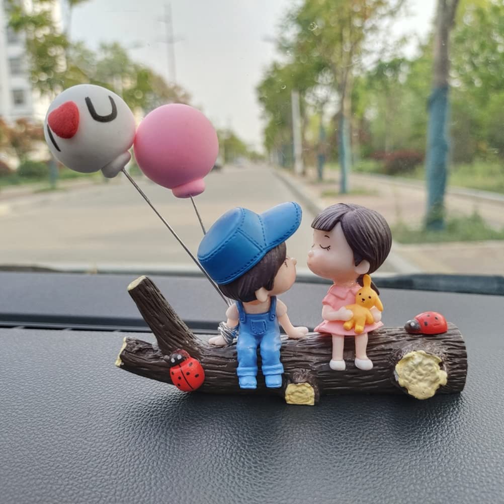 Cute Cartoon Couple Car Ornaments - Lovely Kissing Boy Girl Dashboard Decor for Car Interior | Perfect for Valentine's Day Gifts, Anniversary Presents & Couples Car Accessories | Blue Powder & Love Balloon Design