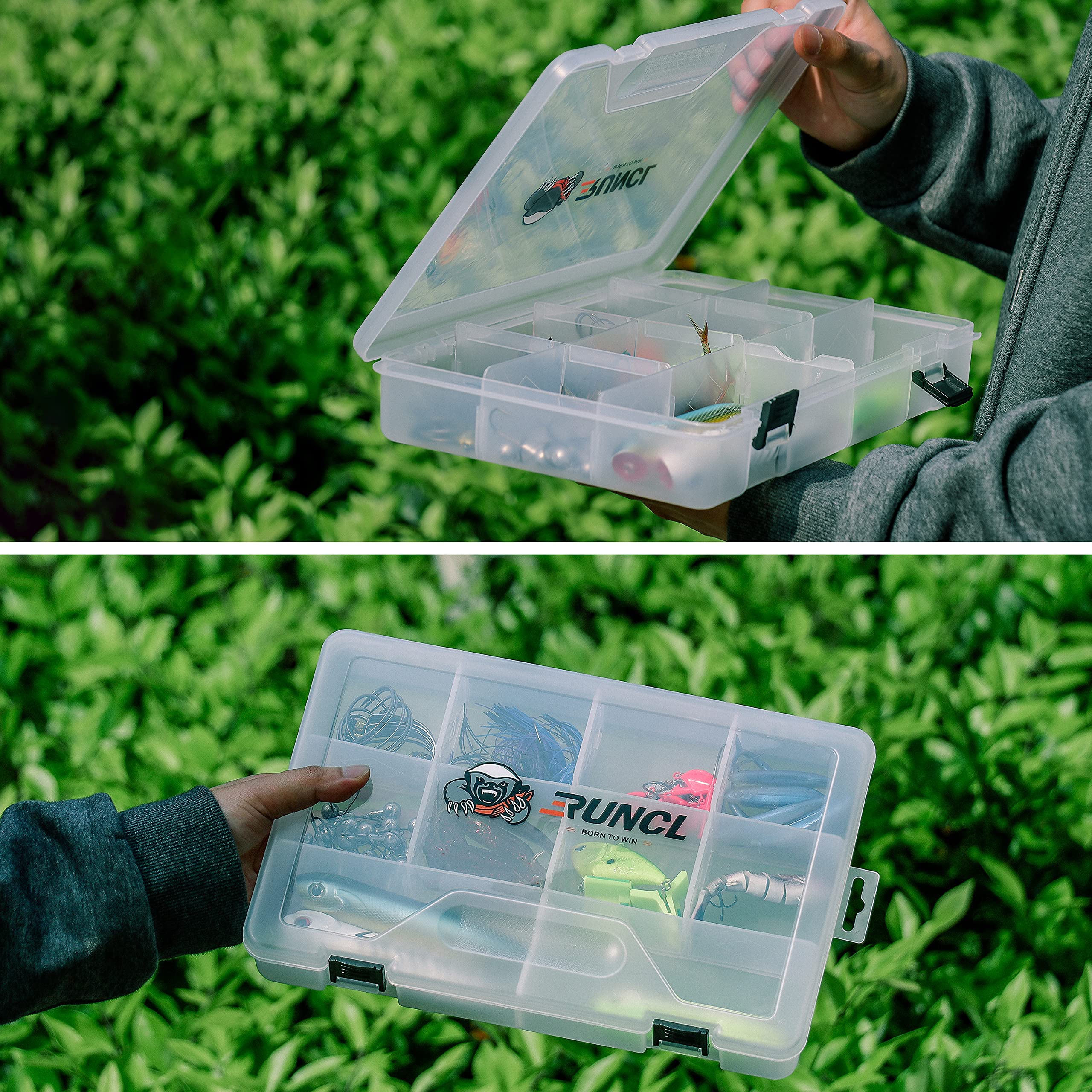 RUNCL Fishing Tackle Box Organizer - Waterproof Plastic Storage Box with Removable Dividers (3500/3600/3700 Size Options) - Clear Lure & Bait Storage Trays - Perfect for Freshwater & Saltwater Fishing Gear Organization