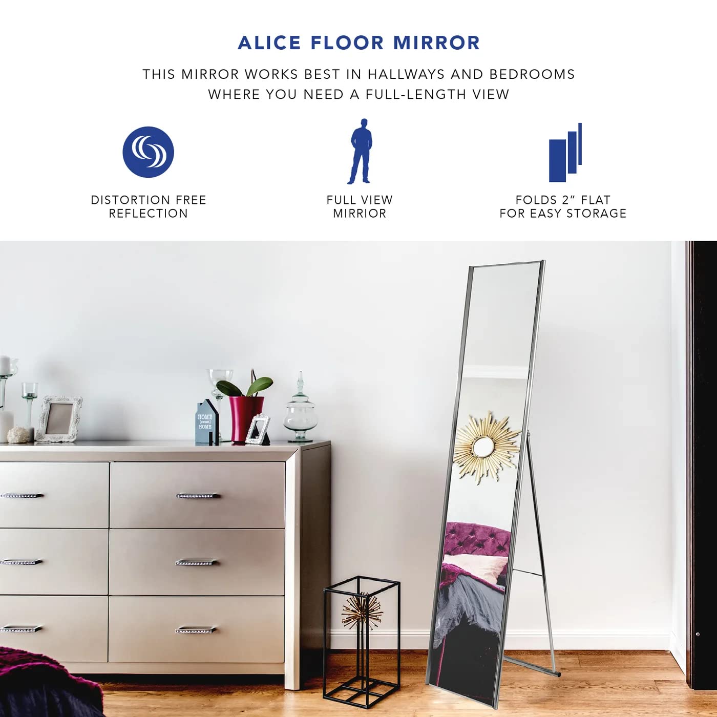 Adesso Alice Full Length Mirror - Modern Satin Steel Folding Frame Standing Mirror for Bedroom, Living Room & Dressing Room | Elegant Home Decor & Space-Saving Design
