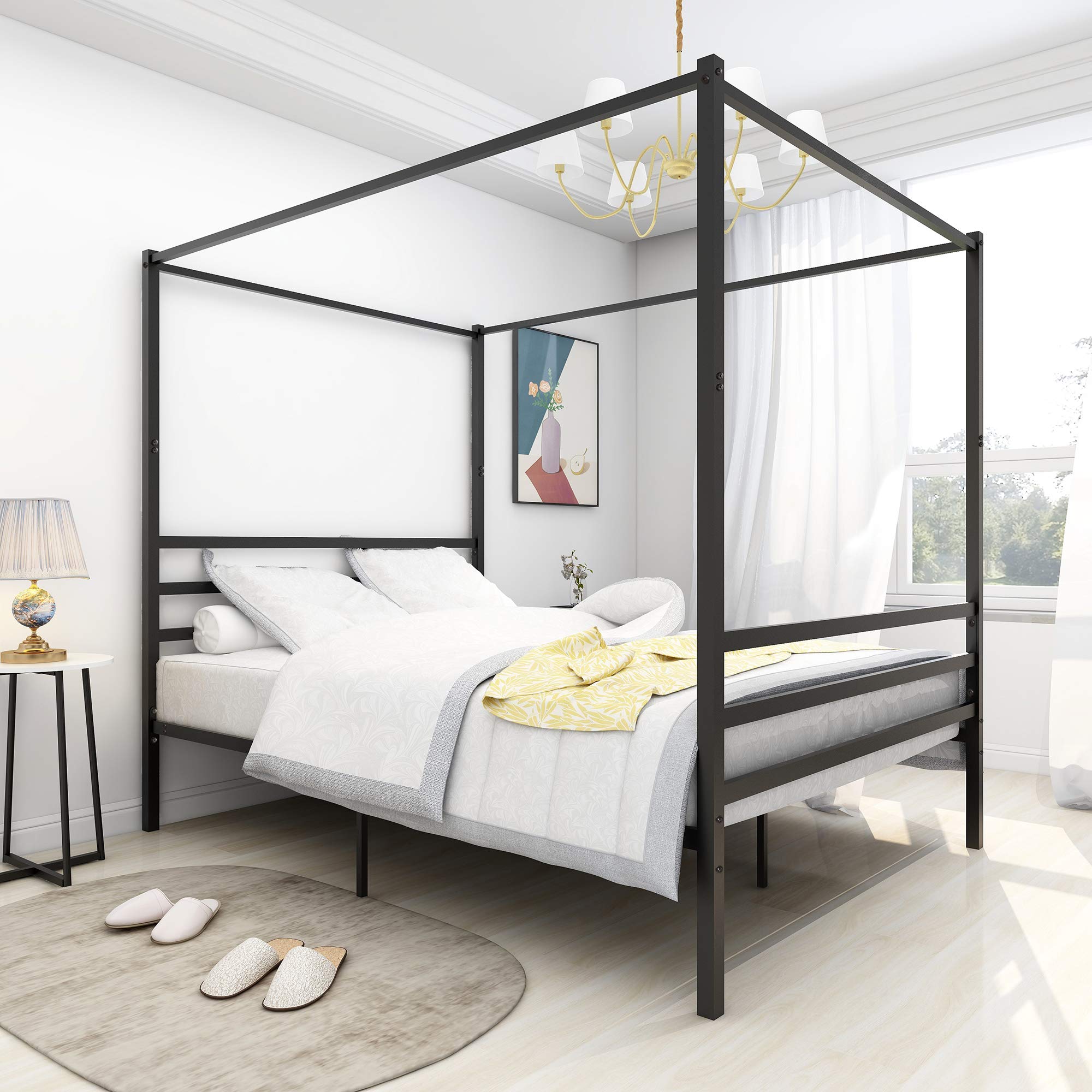 Queen Size Canopy Metal Bed Frame with Headboard & Footboard - Heavy Duty Mattress Foundation, Platform Slat Support, Box Spring Replacement for Adults - Elegant Black Finish | Perfect for Master Bedrooms, Guest Rooms & Dormitories