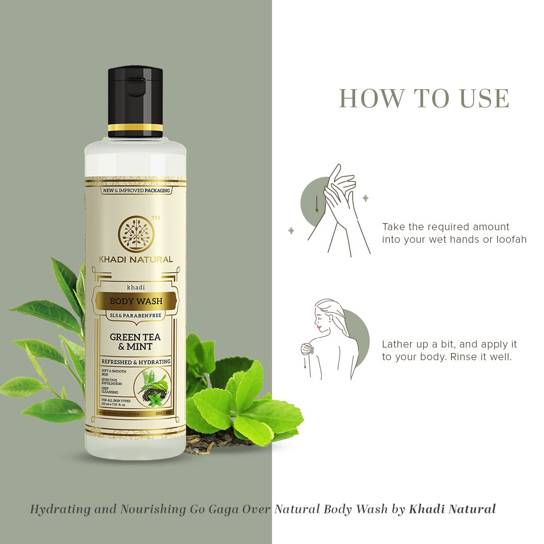 KHADI NATURAL Green Tea & Mint Herbal Body Wash - SLS Free, Paraben Free, 210ml - Refreshing Daily Shower Gel for Sensitive Skin & Aromatherapy