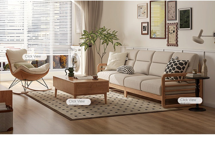 Oak Wood Fabric Sofa with String Style Backrest - Modern Living Room Furniture for Comfortable Home Decor
