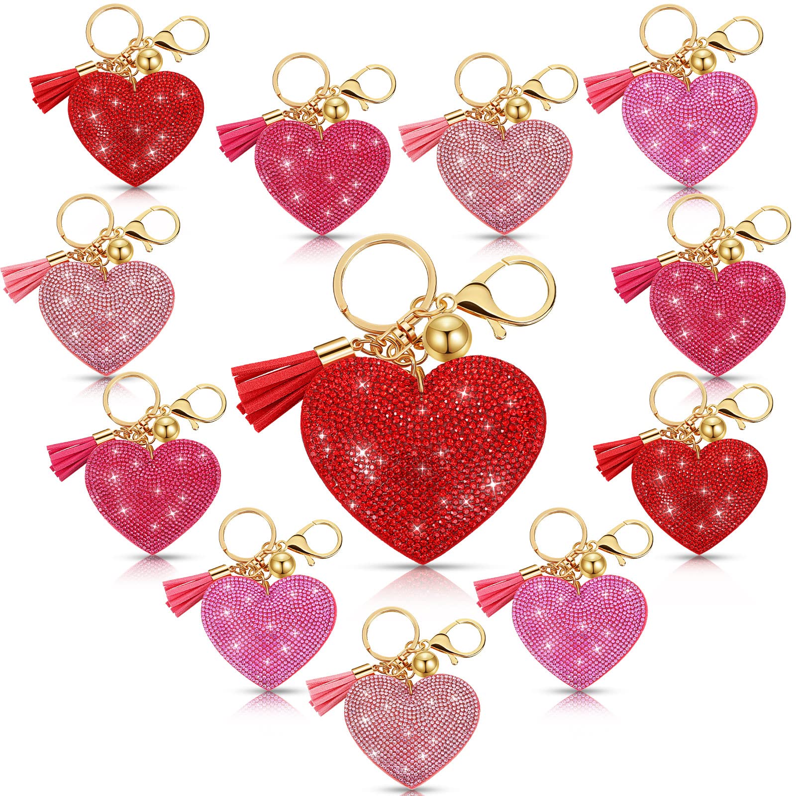 Jexine 12 Pieces Valentine's Day Keychains Rhinestone Heart Shape Keychains - Glitter Bling Heart Tassel Keychains for Romantic Occasions