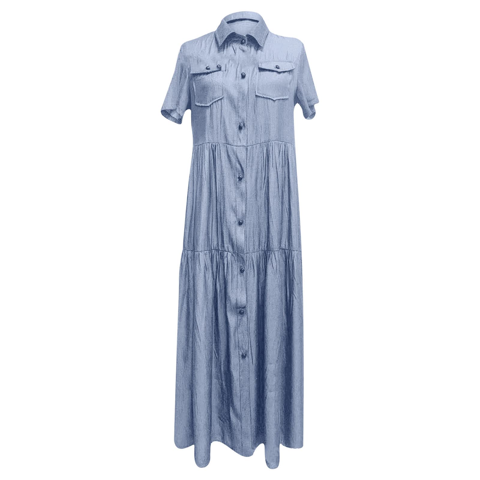 Vintage Women's Blue Denim Shirt Dress - Short Sleeve Button Up Jean Dress for Summer & Fall | Casual Boho Style, Beach Cover Up, Weekend Outfit, Date Night Dress