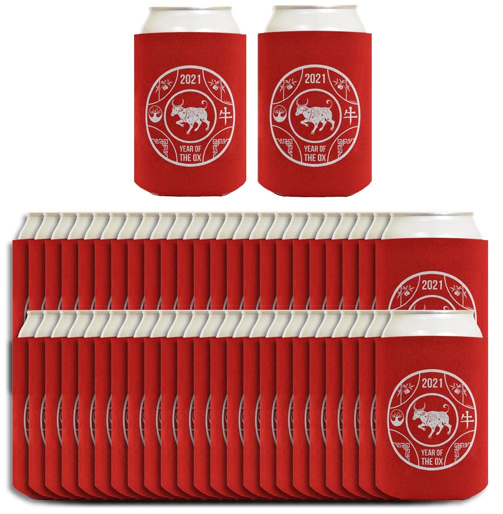 2021 Year of the Ox Lunar New Year Drink Can Coolers - 48-Pack Red Chinese Zodiac Beverage Sleeves for Party, Home Decor & Festive Celebrations