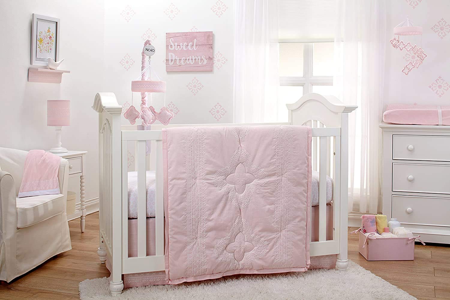 NoJo Chantilly 4-Piece Nursery Crib Bedding Set - Soft Pink & White Baby Crib Skirt, Fitted Sheet, Bumper & Blanket | Perfect for Girls' Nursery, Baby Shower Gift & Newborn Bedroom Decor