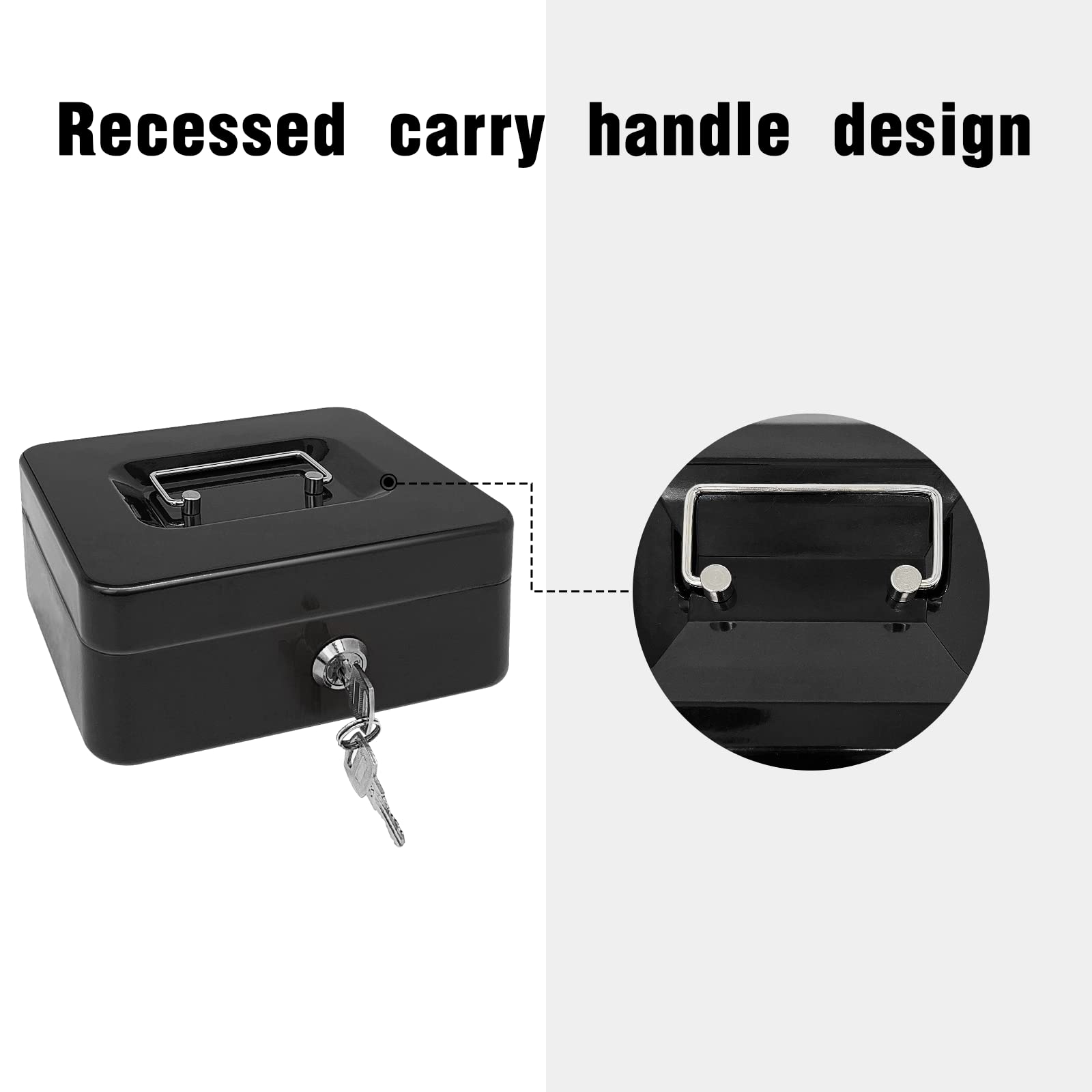 Steel Cash Box with Key Lock - 8 Inch Black Metal Money Organizer with Tray & Lockable Cover - Secure Cash Storage for Home, Office, or Retail Use