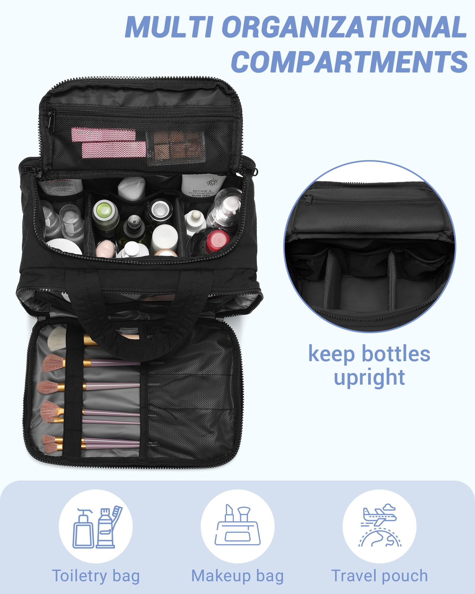 Quilted Travel Toiletry Bag for Women - Lightweight Cosmetic Makeup Organizer with Handle | Waterproof Puffy Wide-Open Design | Perfect for Travel, Gym, Vacation & Daily Essentials Storage (Black)