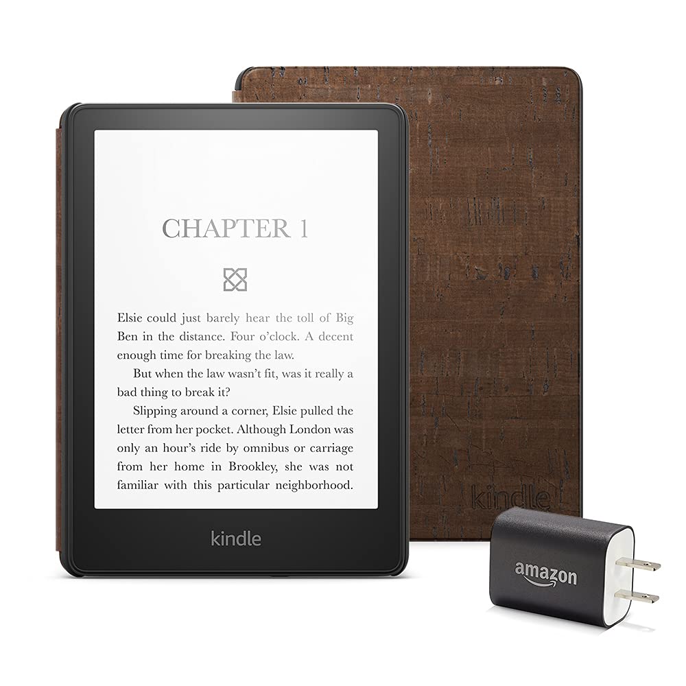 Kindle Paperwhite Essentials Bundle (16GB) - Waterproof E-Reader with WiFi, Ad-Supported, Cork Cover - Dark + Power Adapter | Perfect for Reading at Beach, Pool & Travel