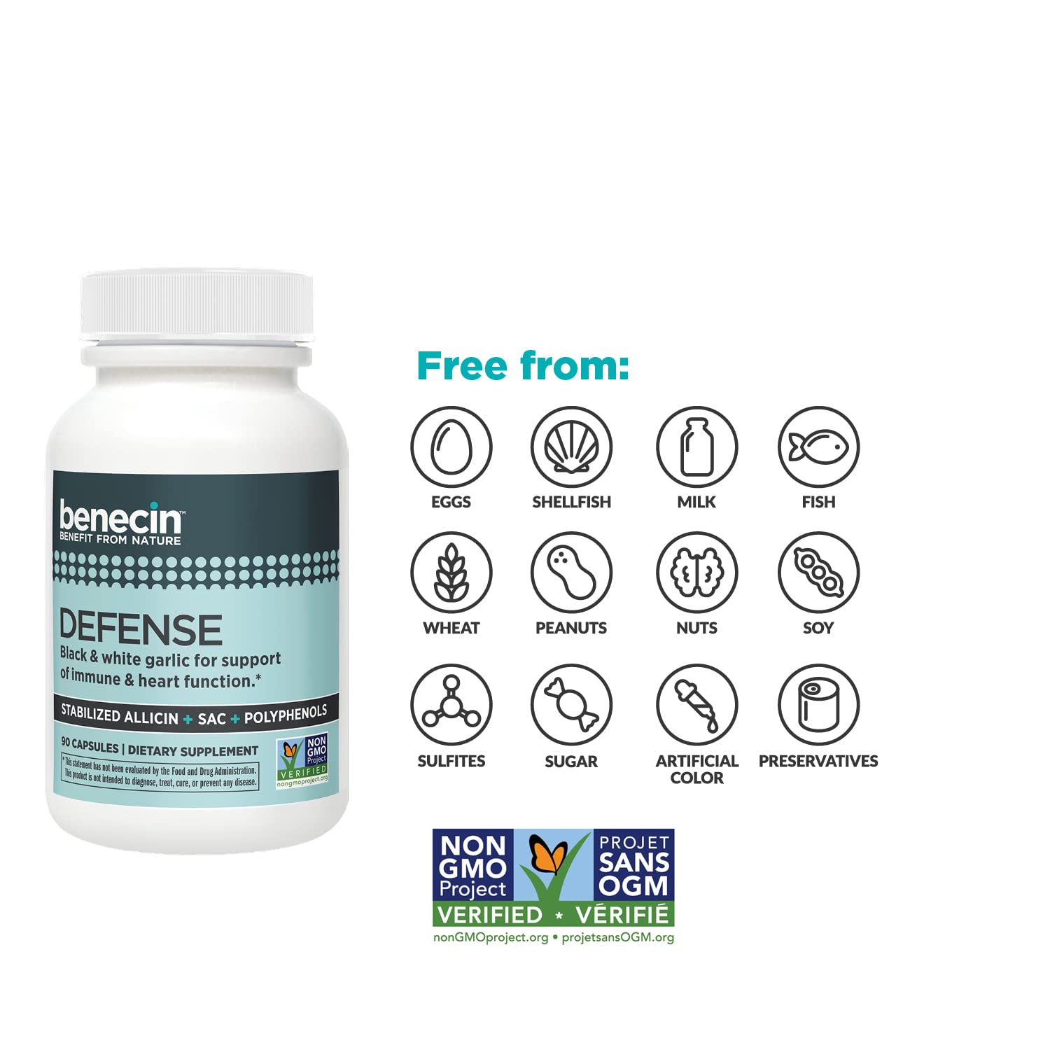 Benecin Defense 1500 mcg Stabilized Allicin Capsules - High Potency SAC & Black Garlic Polyphenols | Immune & Heart Health Support | Vegetarian Supplement (180 Count) | Daily Wellness & Immune Boosting