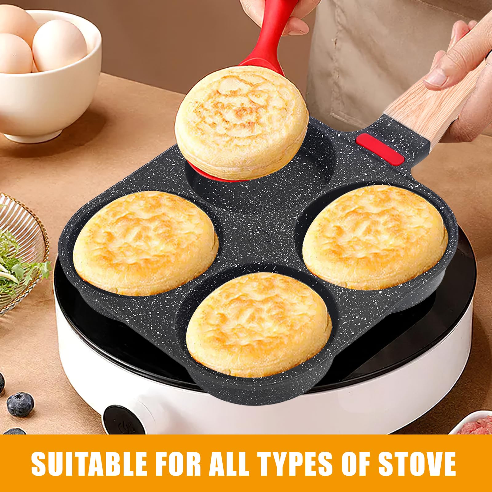COZHYESS Nonstick 4-Hole Egg Frying Pan with Lid - Perfect for Pancakes, Omelets & Burger Buns - Gas Stove Compatible - Ideal for Breakfast, Brunch & Family Cooking