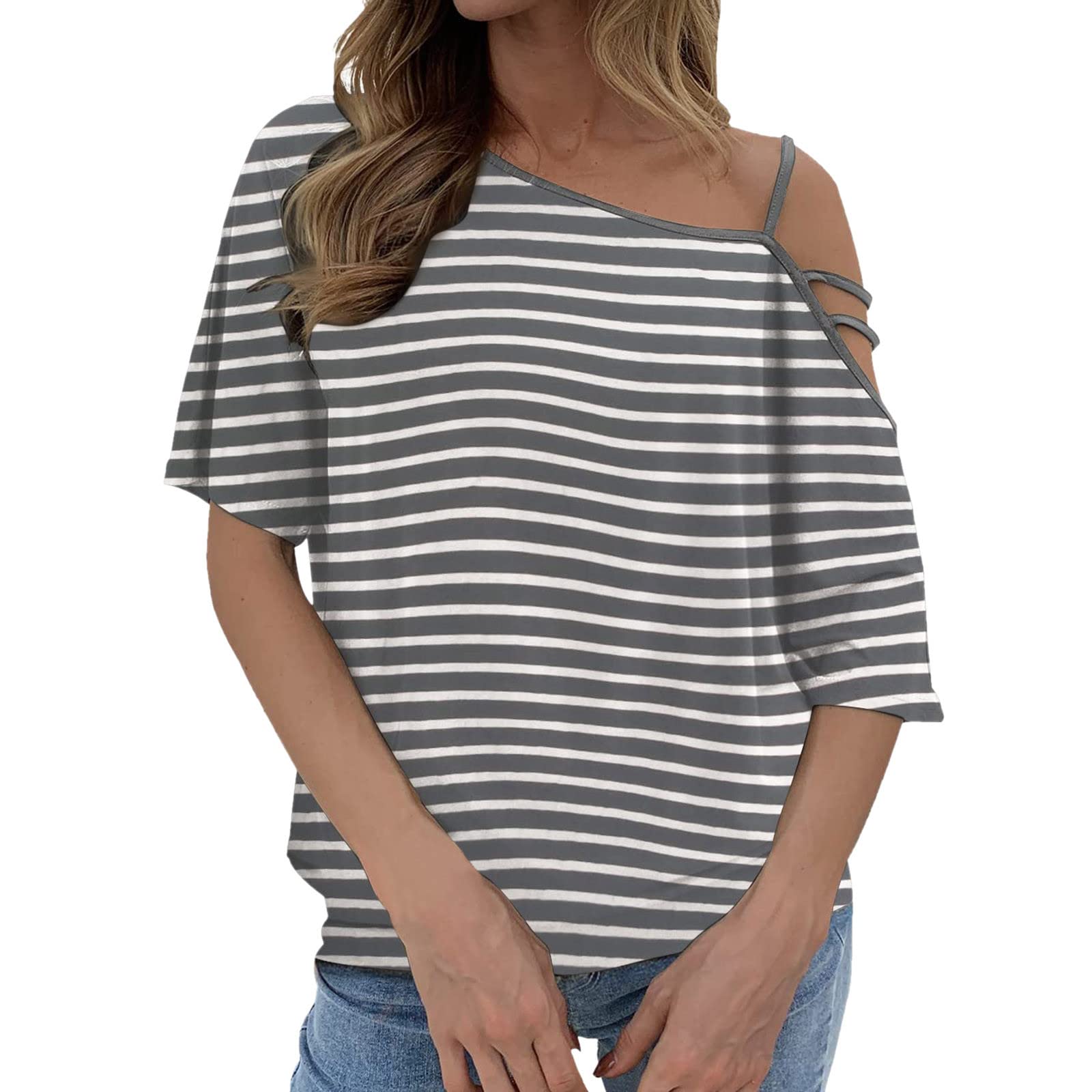 Women's One-Shoulder Casual Tops - Short Sleeve Tunic Blouse with Strappy Cold Shoulder Design, T-Neck Shirt for Summer Outfits, Beachwear & Date Night