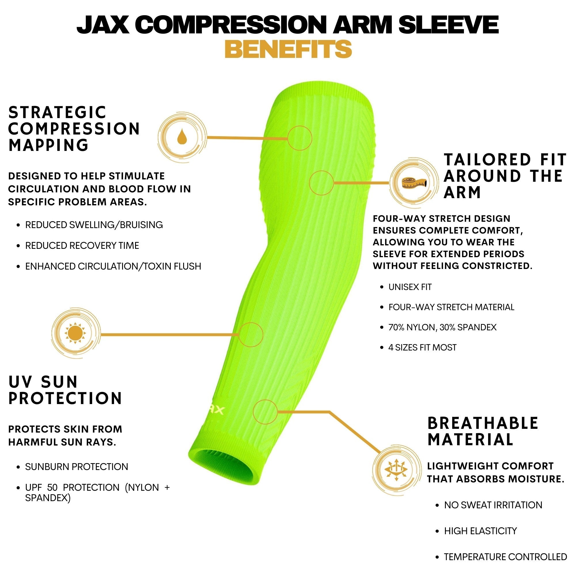 Jax Restore Recovery Premium Arm Sleeve - Compression Support for Tennis, Golf & Workout - Neon Green for Enhanced Visibility & Performance