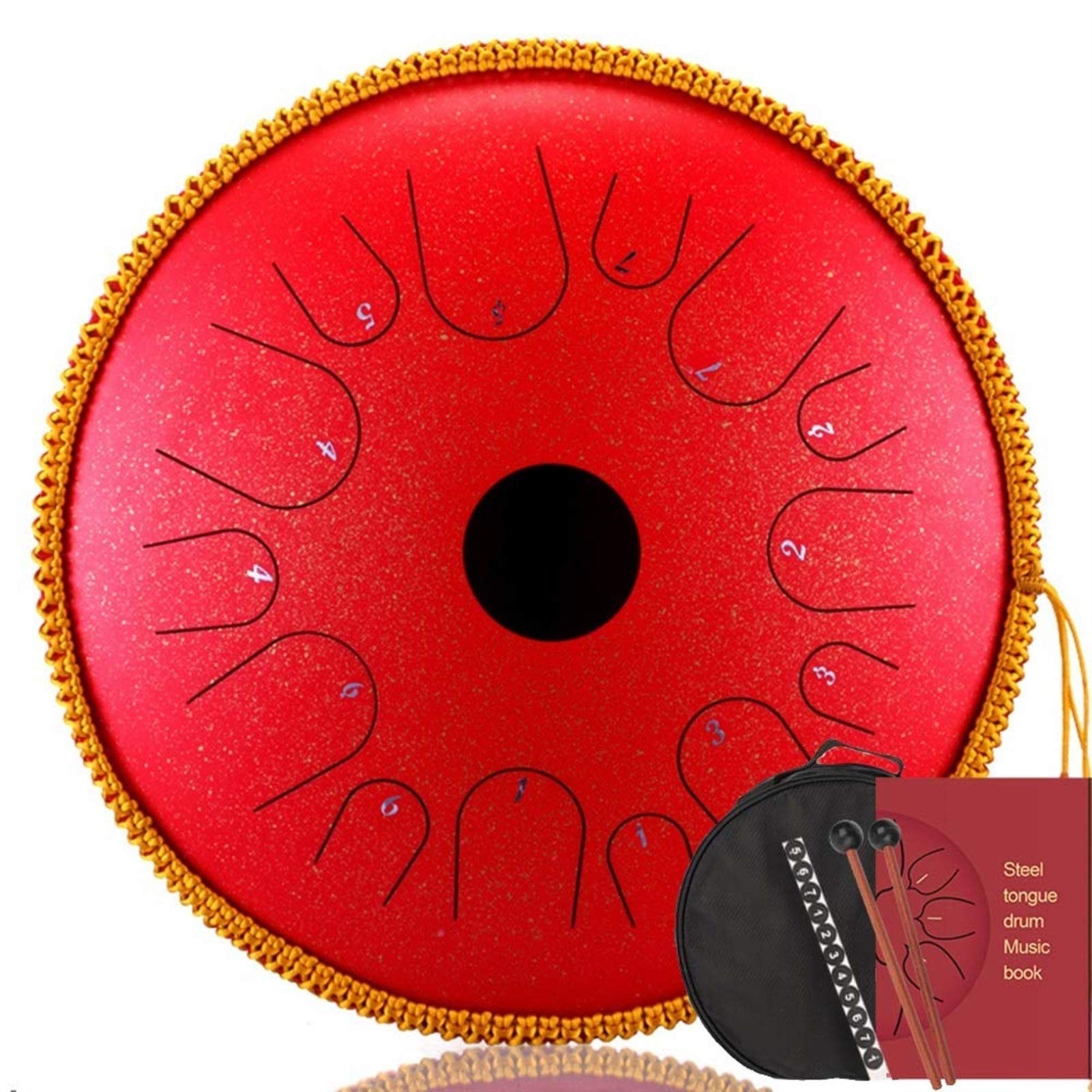 14 Inch 14 Notes Steel Tongue Drum in C Key - Handpan Tank Drum with Rope Design, Carry Bag, Music Book, Mallets & Stand - Ideal for Meditation, Yoga, Music Therapy & Gift Giving (Red)