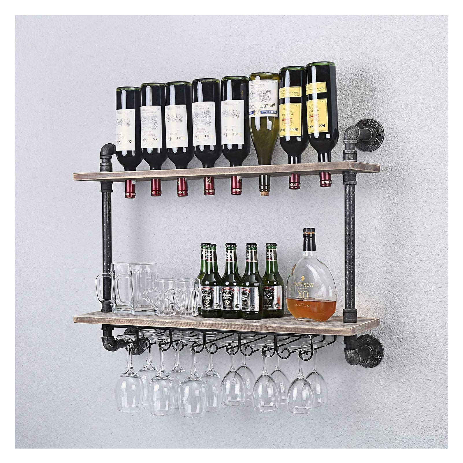 Wall-Mounted Wine Rack with 6 Long Stem Glass Holders - Rustic Industrial Pipe Stave Wine Storage Shelf for Kitchen, Bar & Dining Room Decor