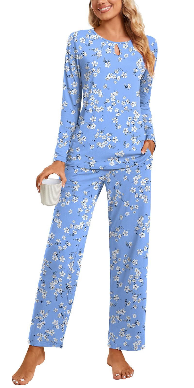 Aodemo Women's 2 Piece Pajama Set - Long Sleeve Keyhole Sleepwear with Pockets, Soft Lounge Pjs for Fall & Winter - Perfect for Cozy Nights, Sleepovers & Relaxing at Home