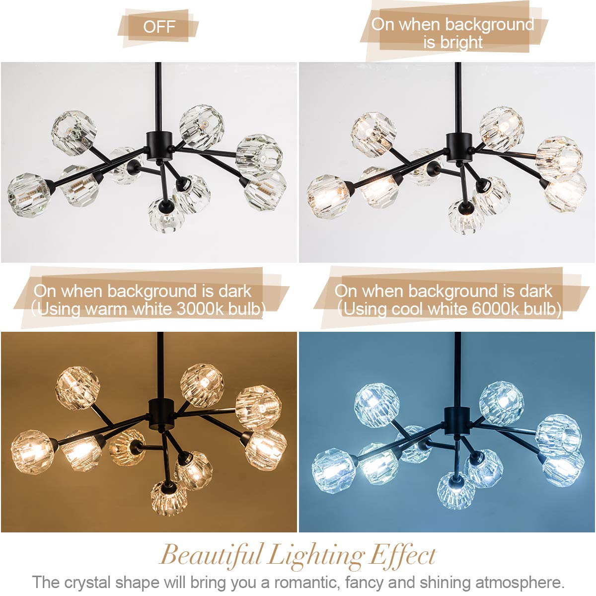 Modern Black Crystal Chandelier - 9-Light Sputnik Fixture for Dining Room & Kitchen Island