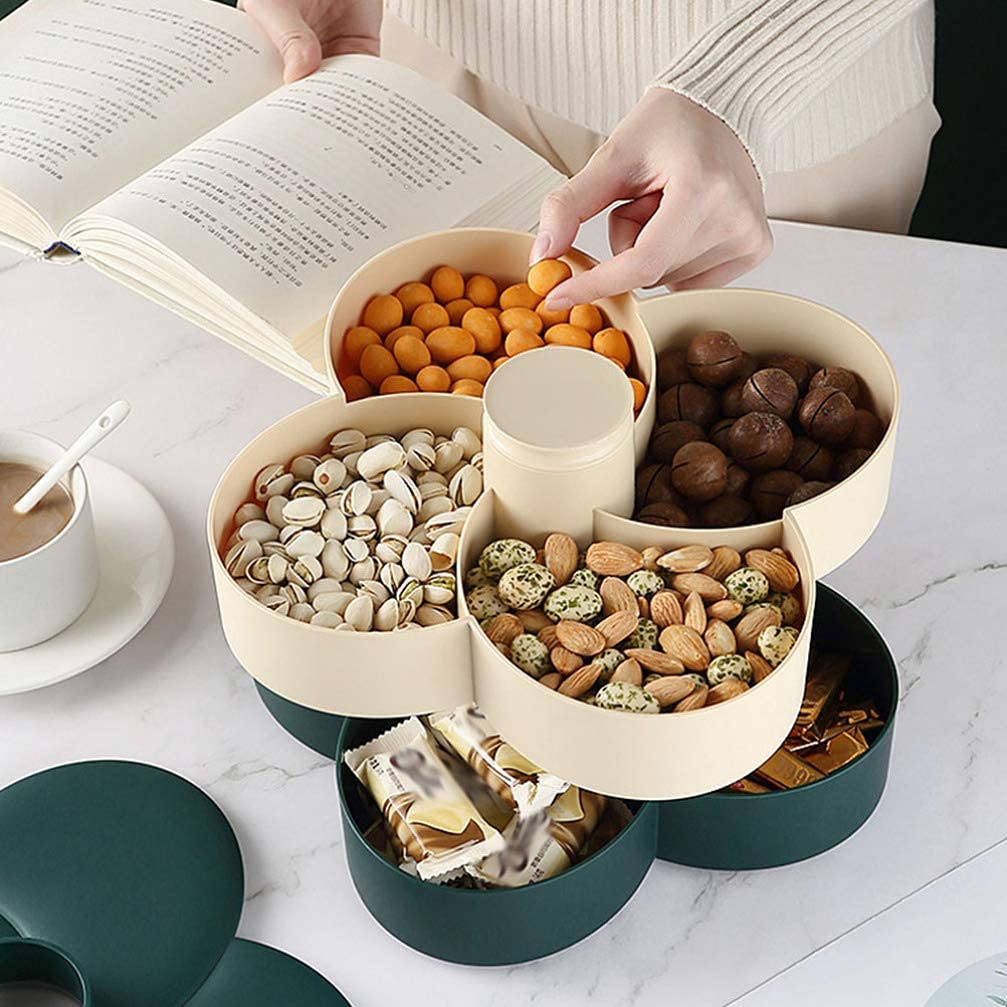 Rotating Double-Layer Plastic Snack Serving Tray with Lid - Divided Candy Nut Dish for Parties, Weddings, Restaurants & Home Use - Perfect for New Year Celebrations, Movie Nights & Family Gatherings