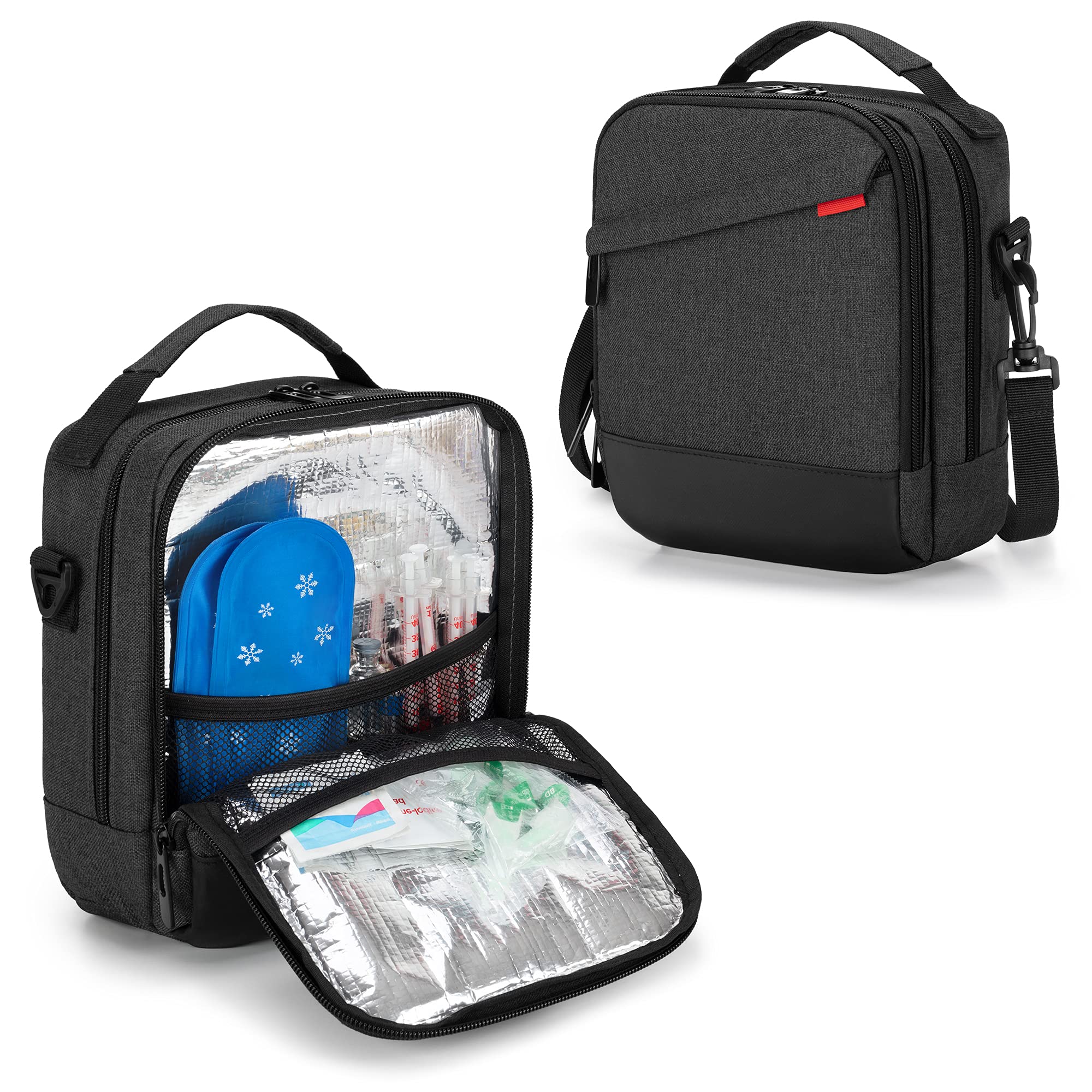 CURMIO Insulin Cooler Travel Case - Portable Diabetes Supplies Organizer with Shoulder Strap for Glucose Meter, Test Strips & Diabetic Accessories (Black, Patented Design) - Perfect for Travel, Work & Daily Use