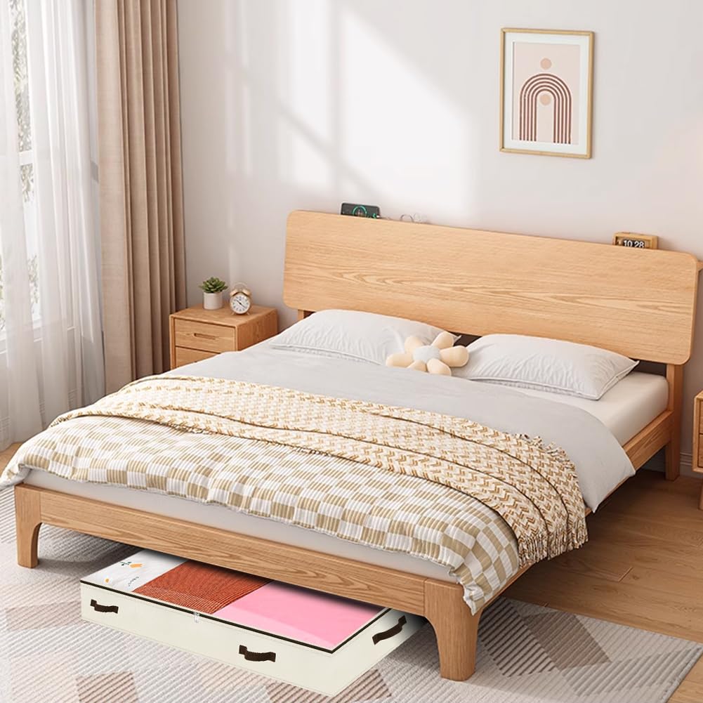 AMJ Beige Pack of 2 Large Capacity Underbed Storage Bags Organizer - Collapsible Washable Underbed Storage with Clear Window & Reinforced Handles for Bedroom, Wardrobe, Closet, Travel & Seasonal Clothes Storage