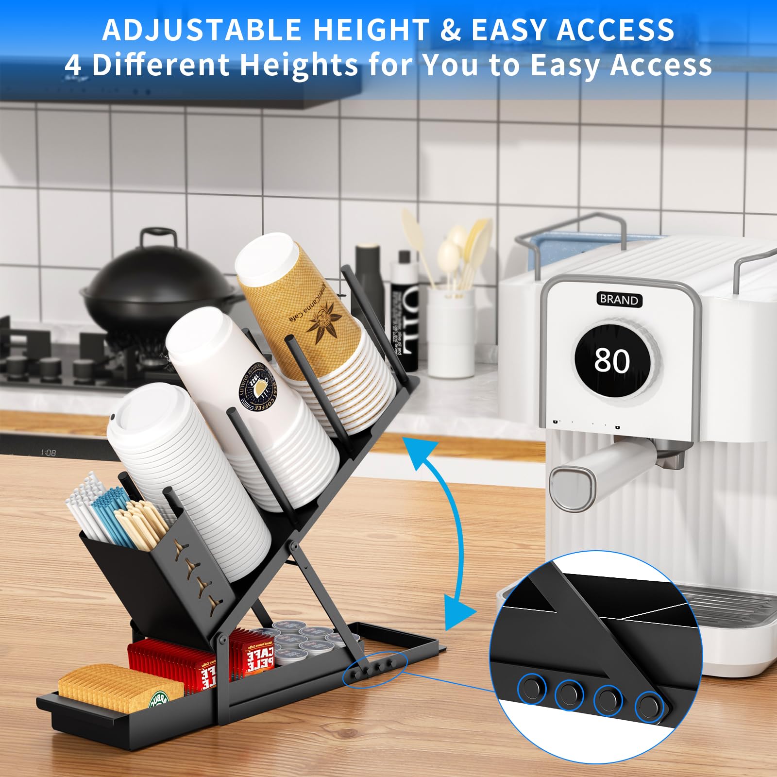 RCHYFEED Metal Coffee Cup and Lid Holder with Straw Organizer - Countertop Coffee Station Dispenser for Disposable Paper Cups, Plastic Cups & Lids - Perfect for Coffee Bars, Offices, and Home Kitchens