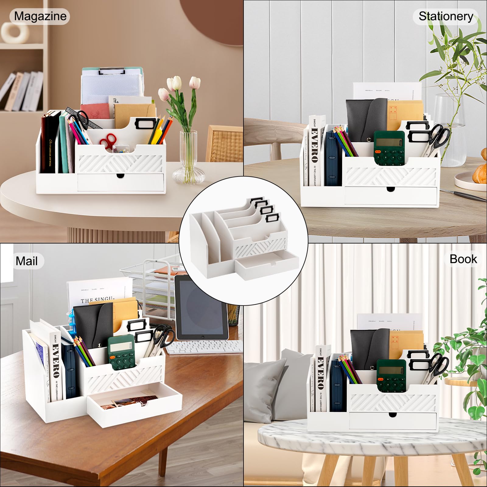 Fantasyon White Wood Mail Organizer - Desktop Mail Holder with Drawer, Bill File Organizer & Letter Sorter - Wooden Desk Accessory for Office, Home (Paper, Envelopes, Documents) - Perfect for Workspace Organization & Mail Management