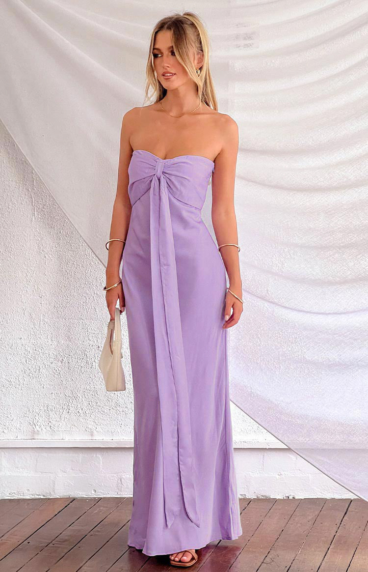 Ariella Lilac Satin Strapless Maxi Dress for Women - Elegant Formal Evening Gown for Prom, Wedding, Cocktail Party