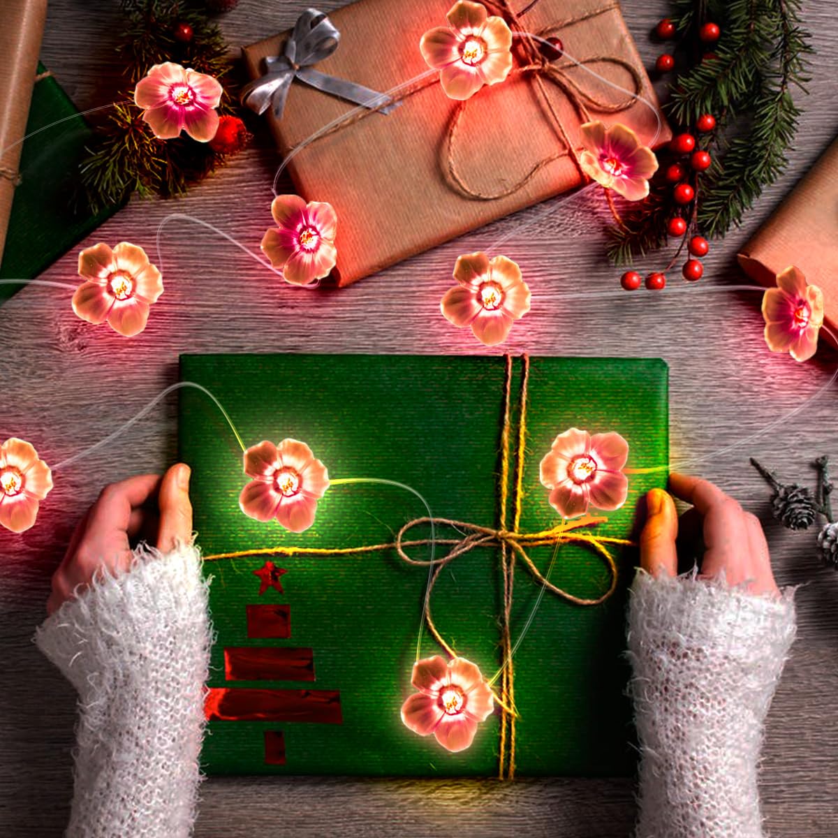 Pink Cherry Blossom Fairy String Lights - 10ft 30 LED Battery Operated Flower Lights for Bedroom, Garden, Wedding & Party Decor | Indoor Outdoor Christmas, Spring & Kids Room Decoration | Romantic Ambiance Lighting for Special Occasions