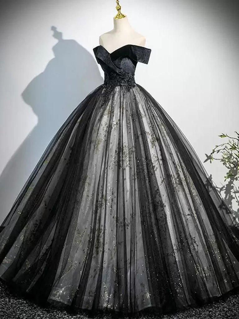 Elegant A-Line Off Shoulder Tulle Lace Black Long Prom Dress - Formal Evening Gown for Homecoming, Wedding & Special Occasions