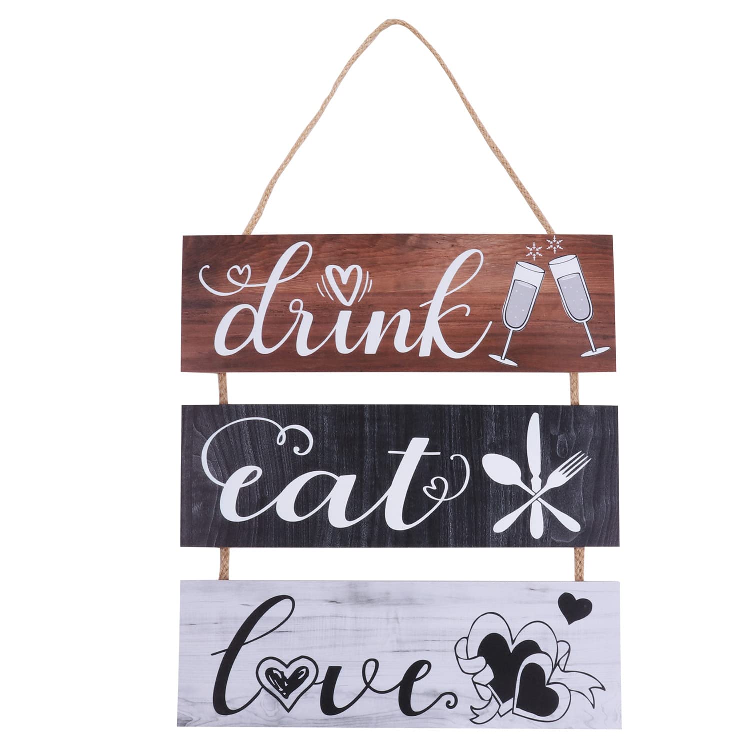Kersiki 3-Piece Wooden Kitchen Wall Decor Set - Rustic 'Eat Drink Love' Hanging Signs for Farmhouse Style - Perfect for Kitchen, Dining Room, Living Room, Bar & Cafe Decor (Black and Grey) | Ideal for Home Decor, Wedding Gifts & Coffee Shop Wall Art