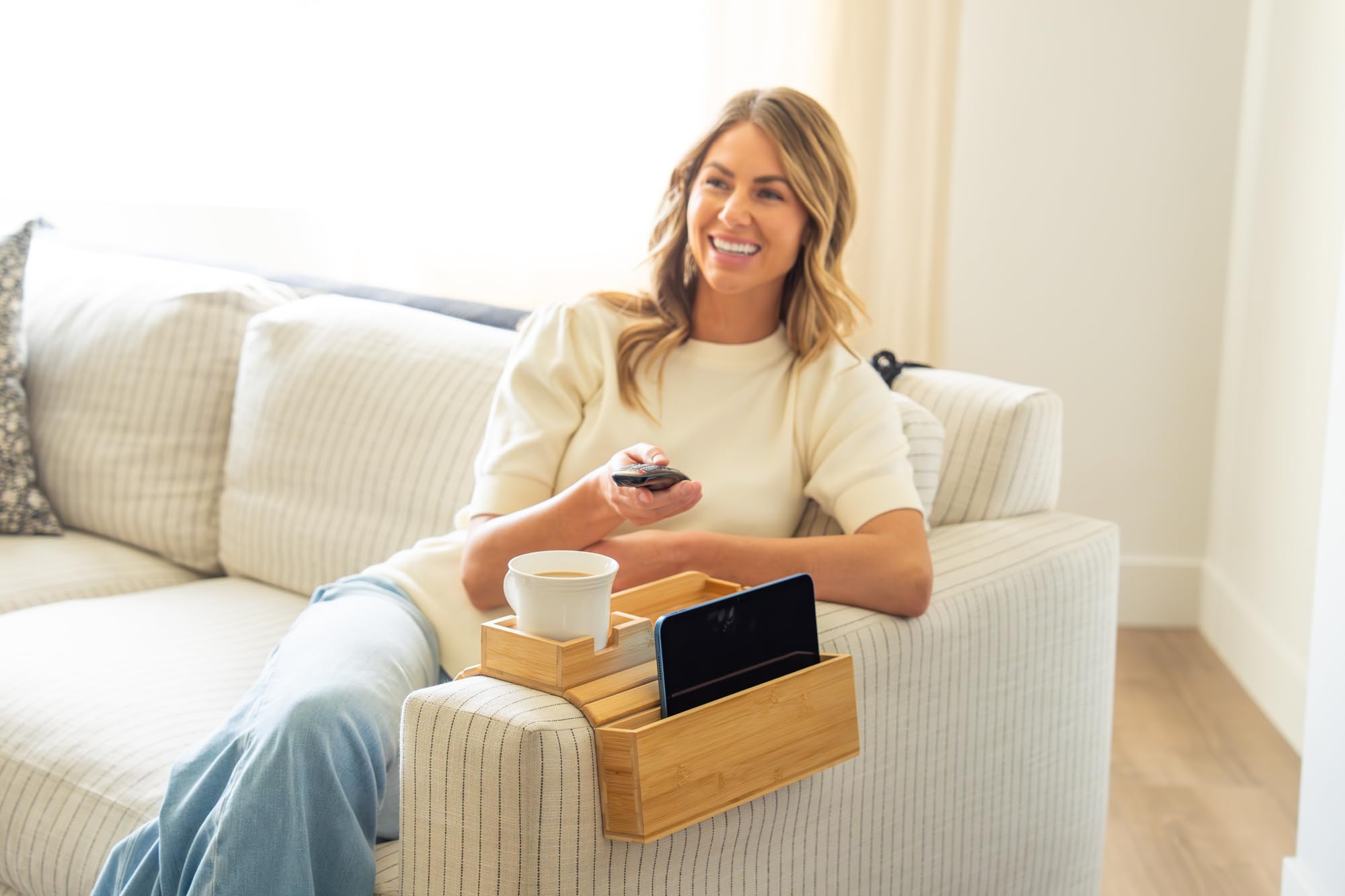 Premium Bamboo Couch Cup Holder Tray Set - Large & Small Non-Slip Drink Holder Caddy with Side Pocket Storage - Universal Sofa Arm Tray for Couches, Recliners & Loveseats - Perfect for Movie Nights, Gaming Sessions & Relaxing with Drinks & Snacks