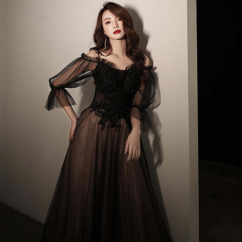 Elegant Black Off-Shoulder Long Prom Dress - A-Line Tulle Evening Gown for Formal Events & Special Occasions | Perfect for Homecoming, Wedding Guest & Red Carpet