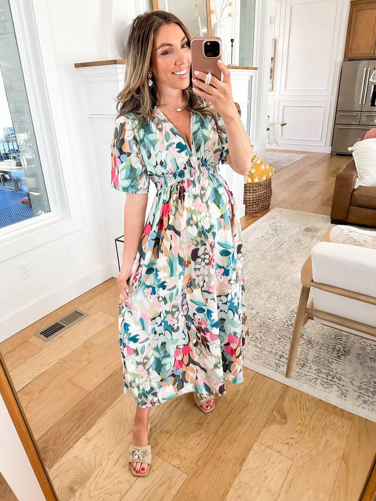 Boho Floral Print Midi Dress for Women - Summer Long Dress with Green Floral Pattern | Perfect for Beach Vacations, Garden Parties & Casual Outings