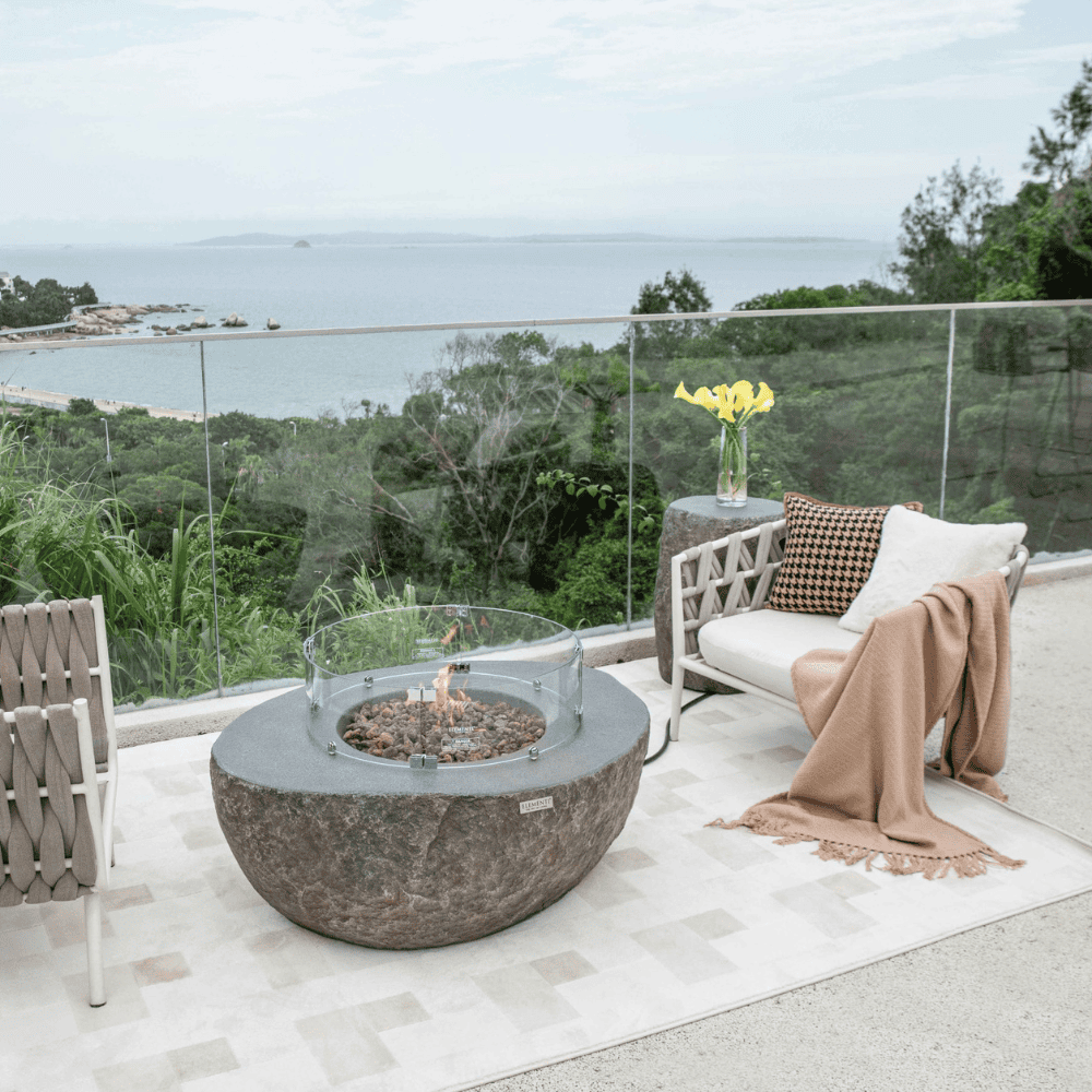 Boulder Concrete Oval Fire Table - Outdoor Patio Fire Pit for Backyard, Garden, and Poolside Gatherings