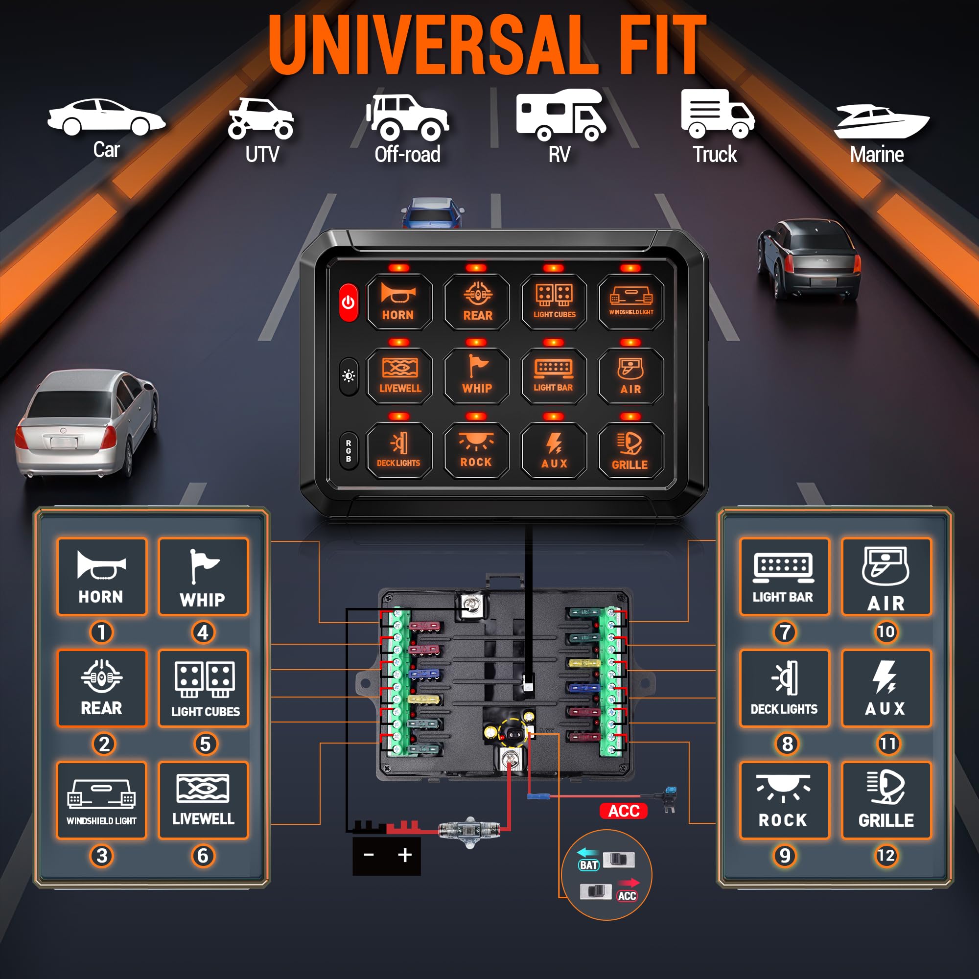 12 Gang Universal Switch Panel with LED & Touch Control - Waterproof Circuit Relay System for Cars, Boats, Trucks, UTVs & ATVs - Perfect for Off-Road, Marine & RV Lighting Control