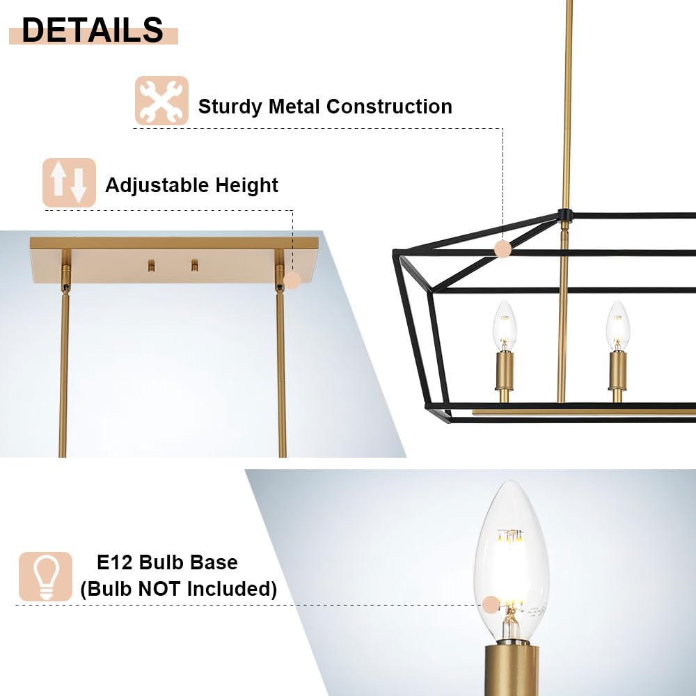 4-Light Farmhouse Linear Chandelier - Adjustable Height Kitchen Island Pendant Lighting for Dining Room, Breakfast Nook & Bar Counter | Modern Rustic Ceiling Light Fixture for Table Hanging