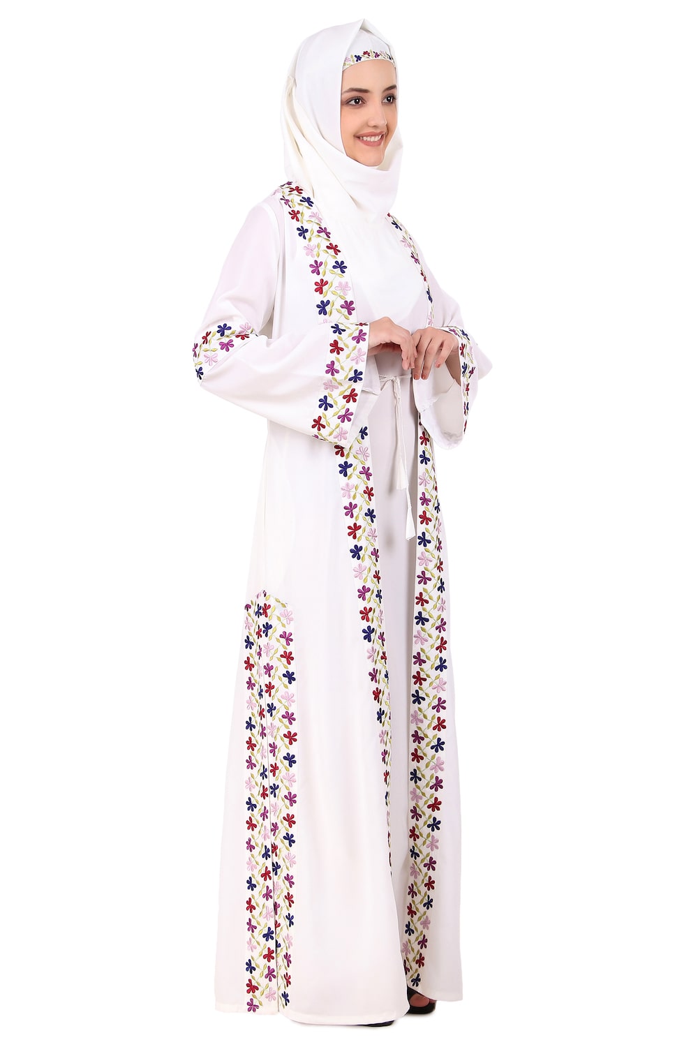 Elegant White Embroidered Front Open Abaya for Women - Perfect for Prayer, Modest Fashion, and Special Occasions