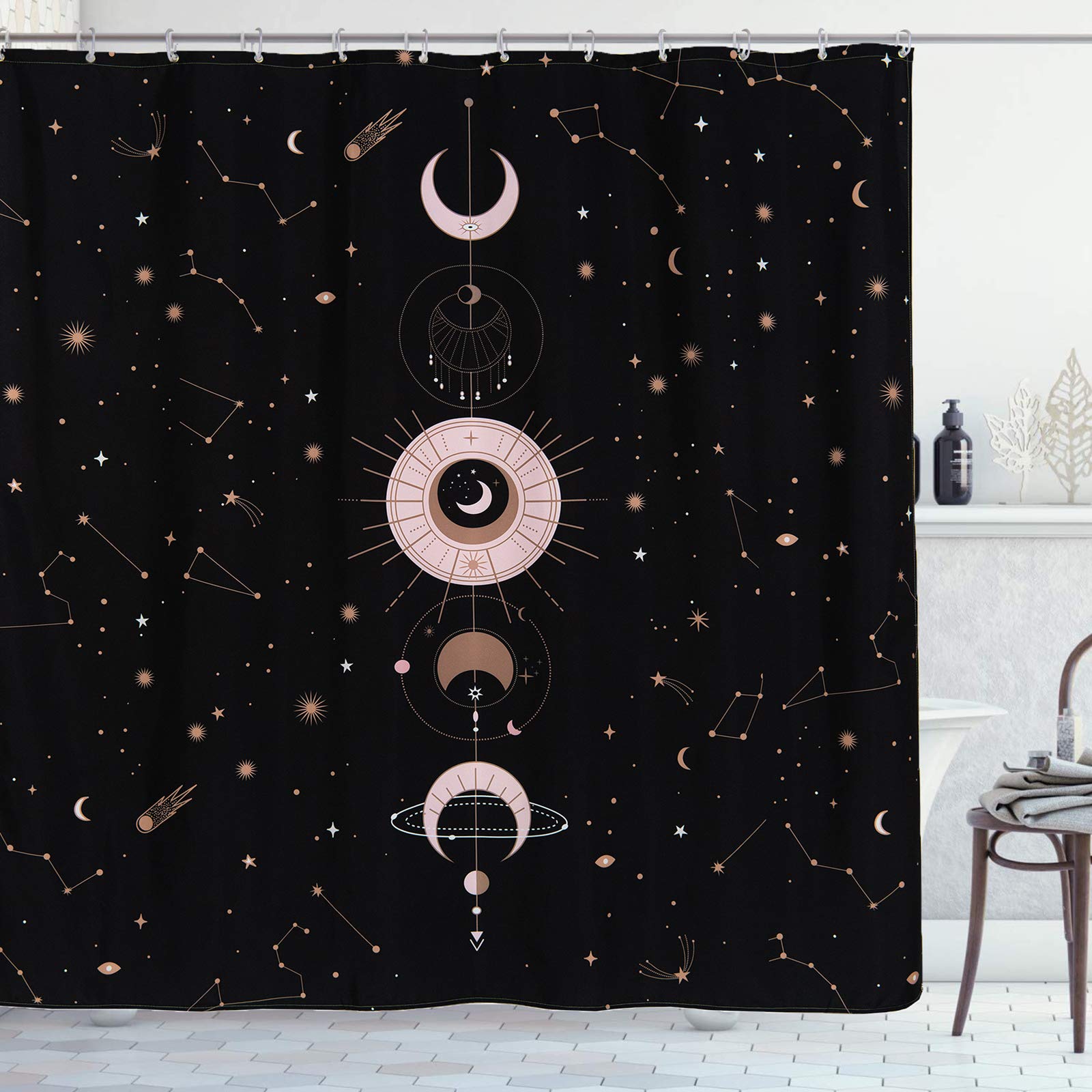 YoKii Zodiac Constellation Fabric Shower Curtain Set - 36x72 Inch Waterproof Bath Curtain with Sun & Moon Design, Modern Abstract Mystic Pattern for Small Bathrooms (Black) - Perfect for Boho, Celestial & Mystic Home Decor